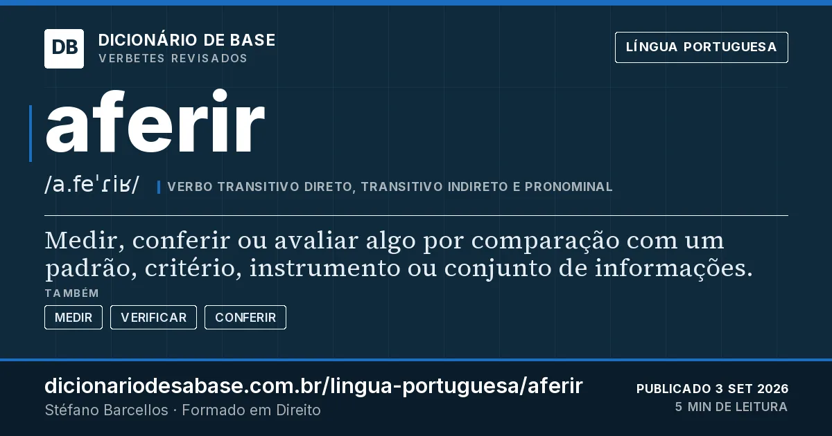 Cartão do verbete aferir: Medir, conferir ou avaliar algo por comparação com um padrão, critério, instrumento ou conjunto de informações.