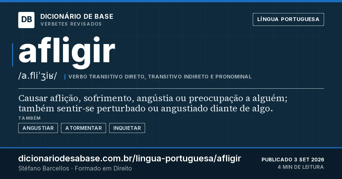 Cartão do verbete afligir: Causar aflição, sofrimento, angústia ou preocupação a alguém; também sentir-se perturbado ou angustiado diante de algo.