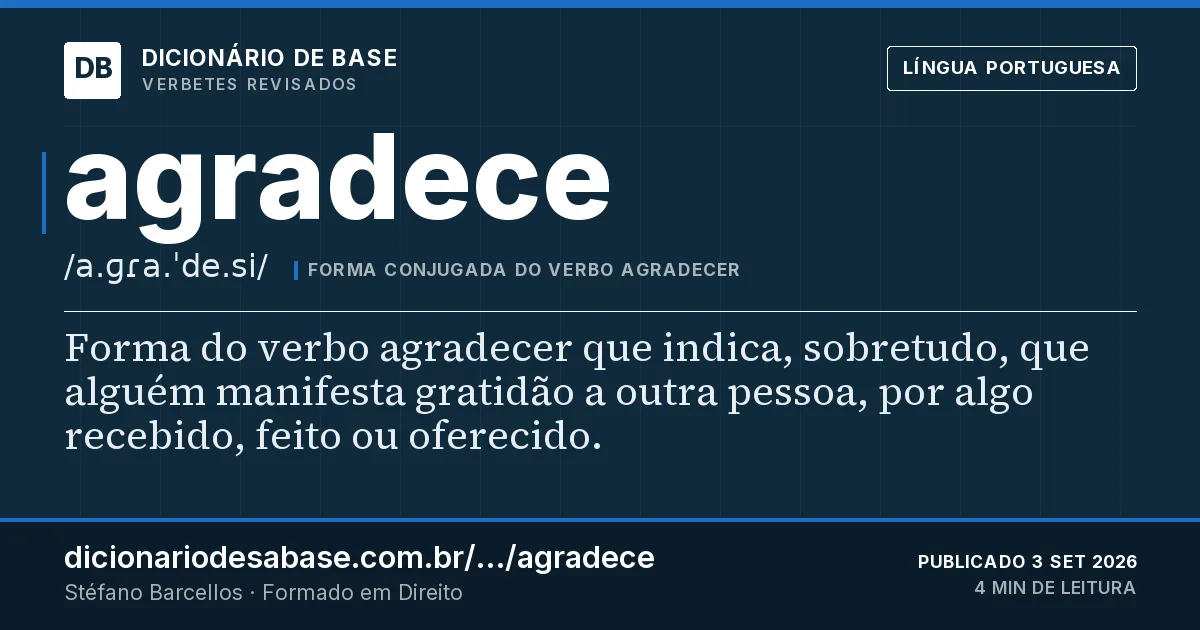 Cartão do verbete agradece: Forma do verbo agradecer que indica, sobretudo, que alguém manifesta gratidão a outra pessoa, por algo recebido, feito…