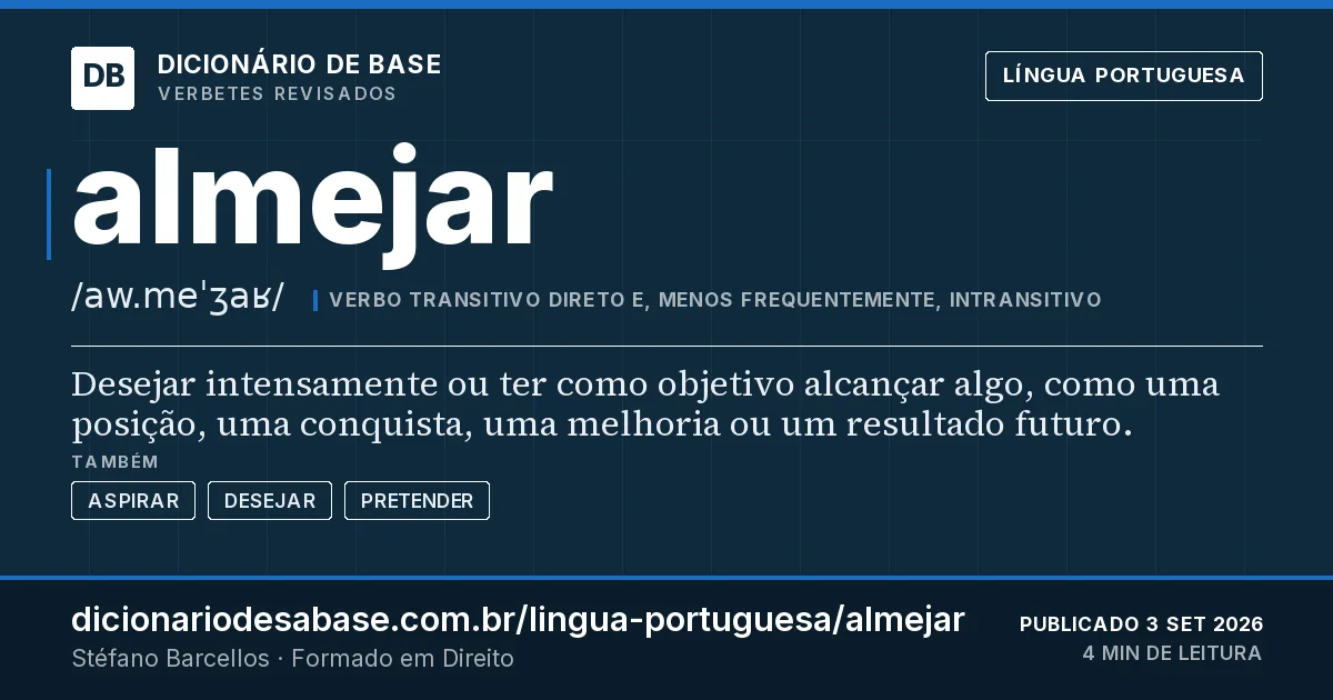 Cartão do verbete almejar: Desejar intensamente ou ter como objetivo alcançar algo, como uma posição, uma conquista, uma melhoria ou um resultado…