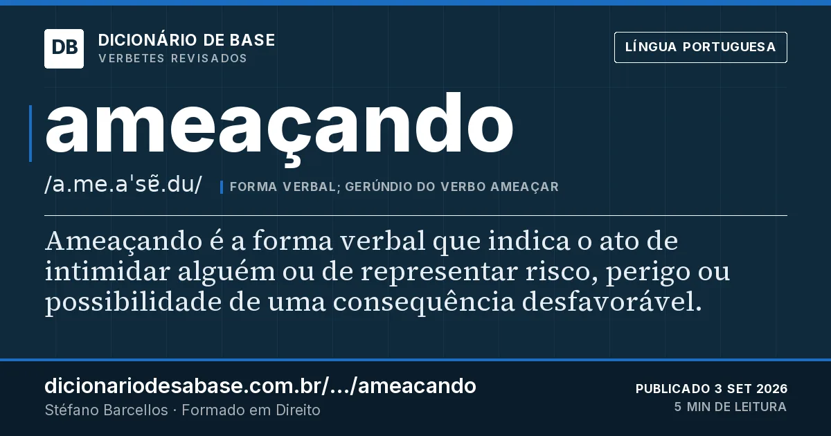 Cartão do verbete ameaçando: Ameaçando é a forma verbal que indica o ato de intimidar alguém ou de representar risco, perigo ou possibilidade de uma…