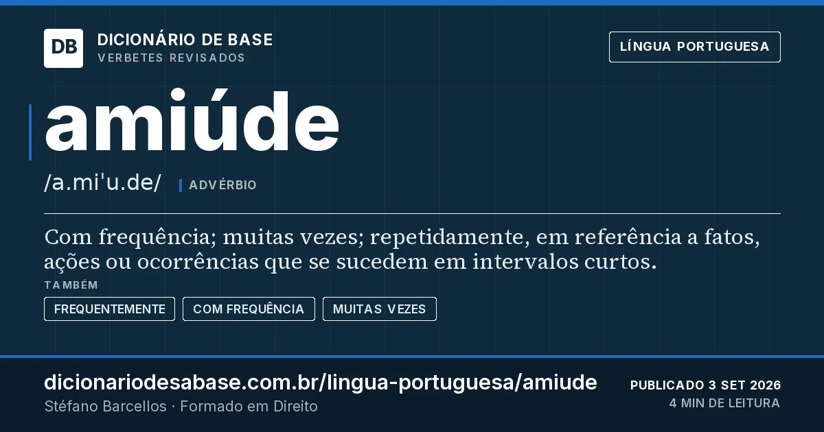 Cartão do verbete amiúde: Com frequência; muitas vezes; repetidamente, em referência a fatos, ações ou ocorrências que se sucedem em intervalos…