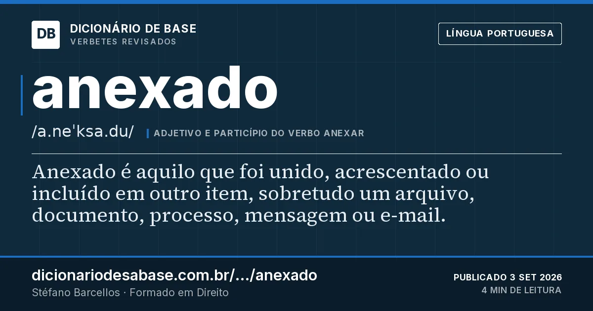 Cartão do verbete anexado: Anexado é aquilo que foi unido, acrescentado ou incluído em outro item, sobretudo um arquivo, documento, processo…