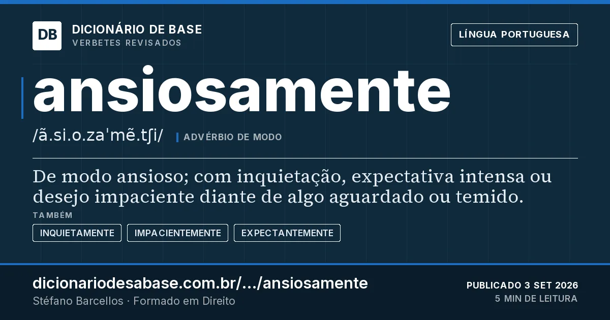 Cartão do verbete ansiosamente: De modo ansioso; com inquietação, expectativa intensa ou desejo impaciente diante de algo aguardado ou temido.