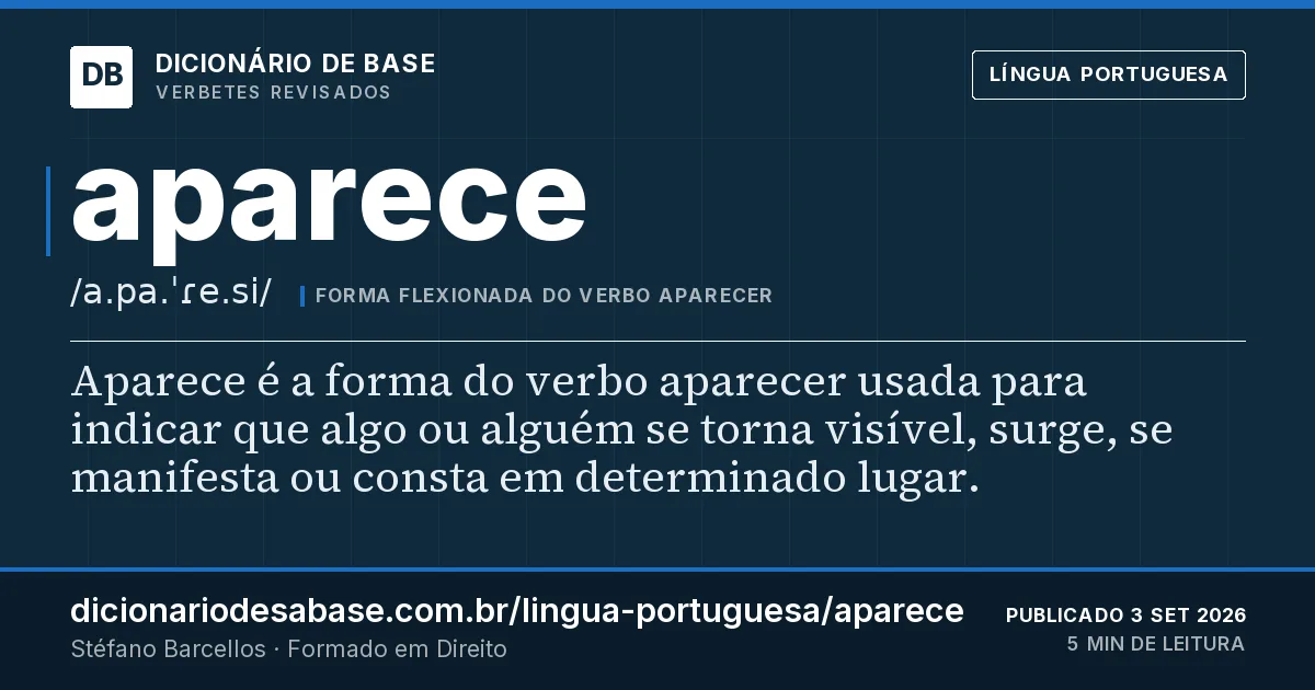 Cartão do verbete aparece: Aparece é a forma do verbo aparecer usada para indicar que algo ou alguém se torna visível, surge, se manifesta ou…