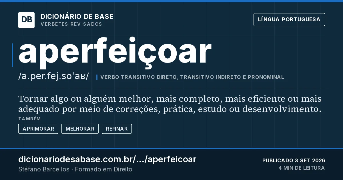 Cartão do verbete aperfeiçoar: Tornar algo ou alguém melhor, mais completo, mais eficiente ou mais adequado por meio de correções, prática, estudo ou…