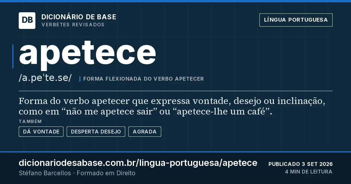 Cartão do verbete apetece: Forma do verbo apetecer que expressa vontade, desejo ou inclinação, como em “não me apetece sair” ou “apetece-lhe um…