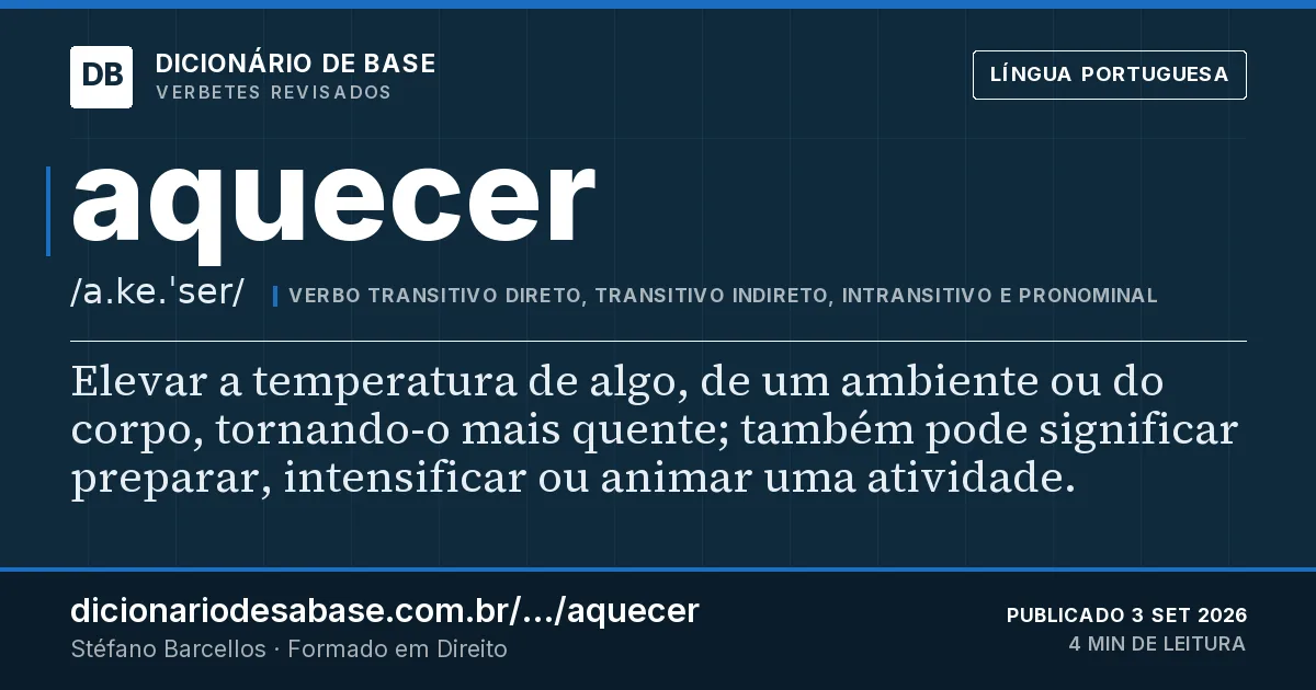 Cartão do verbete aquecer: Elevar a temperatura de algo, de um ambiente ou do corpo, tornando-o mais quente; também pode significar preparar…