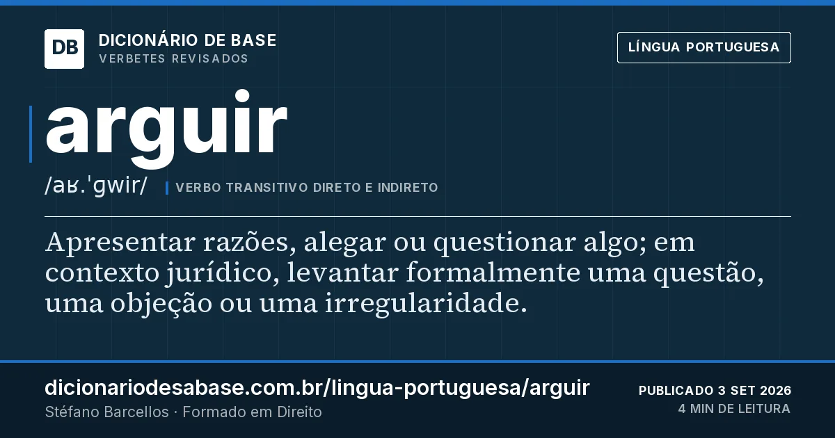 Cartão do verbete arguir: Apresentar razões, alegar ou questionar algo; em contexto jurídico, levantar formalmente uma questão, uma objeção ou…