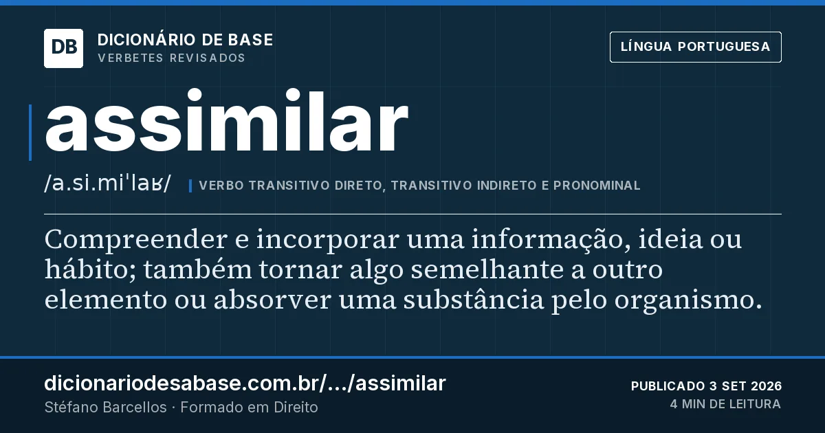 Cartão do verbete assimilar: Compreender e incorporar uma informação, ideia ou hábito; também tornar algo semelhante a outro elemento ou absorver…