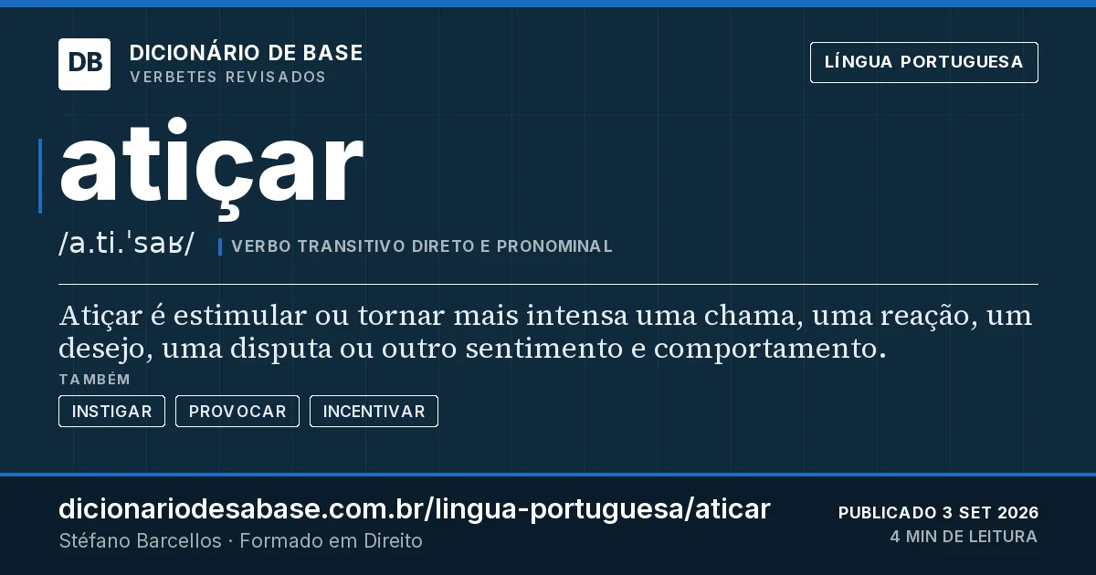 Cartão do verbete atiçar: Atiçar é estimular ou tornar mais intensa uma chama, uma reação, um desejo, uma disputa ou outro sentimento e…