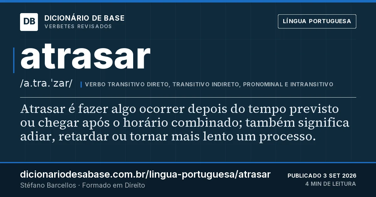 Cartão do verbete atrasar: Atrasar é fazer algo ocorrer depois do tempo previsto ou chegar após o horário combinado; também significa adiar…