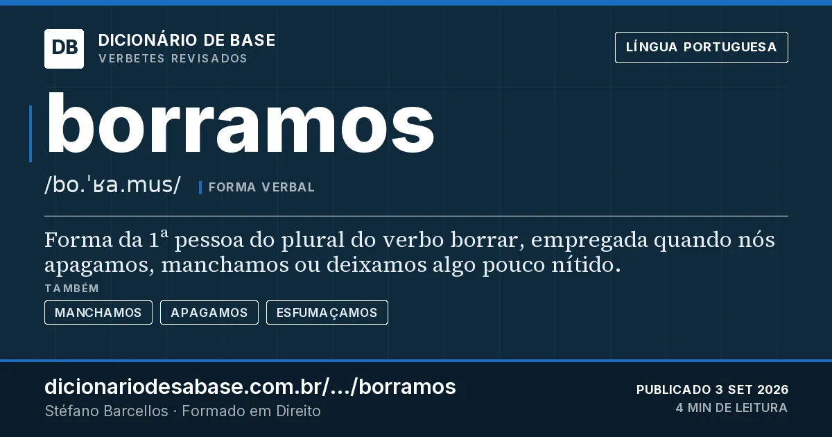 Cartão do verbete borramos: Forma da 1ª pessoa do plural do verbo borrar, empregada quando nós apagamos, manchamos ou deixamos algo pouco nítido.