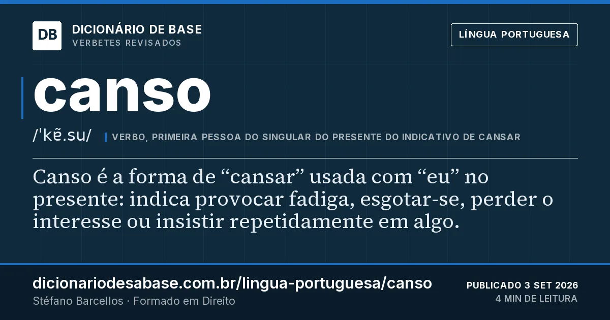 Cartão do verbete canso: Canso é a forma de “cansar” usada com “eu” no presente: indica provocar fadiga, esgotar-se, perder o interesse ou…