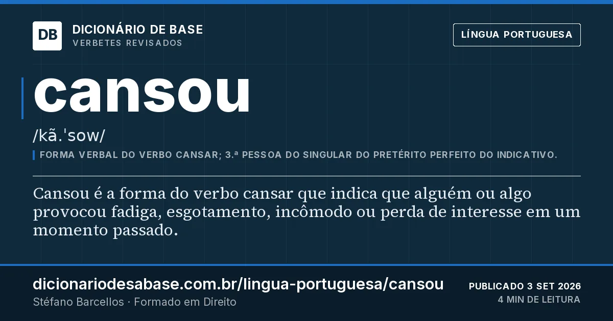 Cartão do verbete cansou: Cansou é a forma do verbo cansar que indica que alguém ou algo provocou fadiga, esgotamento, incômodo ou perda de…
