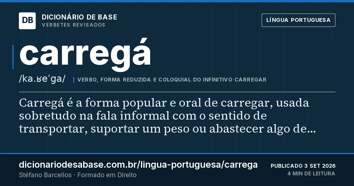 Cartão do verbete carregá: Carregá é a forma popular e oral de carregar, usada sobretudo na fala informal com o sentido de transportar, suportar…