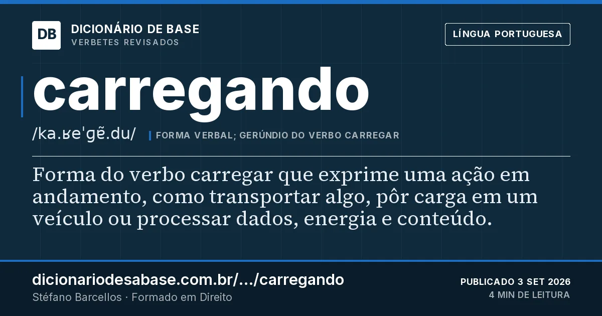 Cartão do verbete carregando: Forma do verbo carregar que exprime uma ação em andamento, como transportar algo, pôr carga em um veículo ou processar…