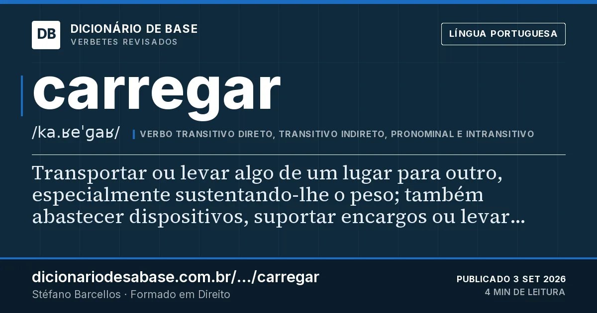 Cartão do verbete carregar: Transportar ou levar algo de um lugar para outro, especialmente sustentando-lhe o peso; também abastecer dispositivos…