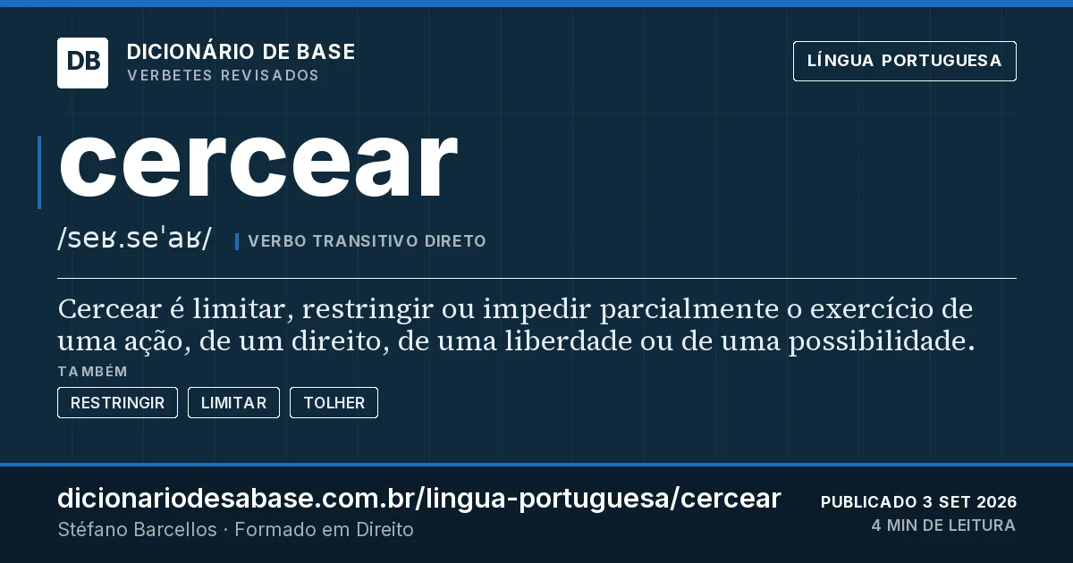 Cartão do verbete cercear: Cercear é limitar, restringir ou impedir parcialmente o exercício de uma ação, de um direito, de uma liberdade ou de…