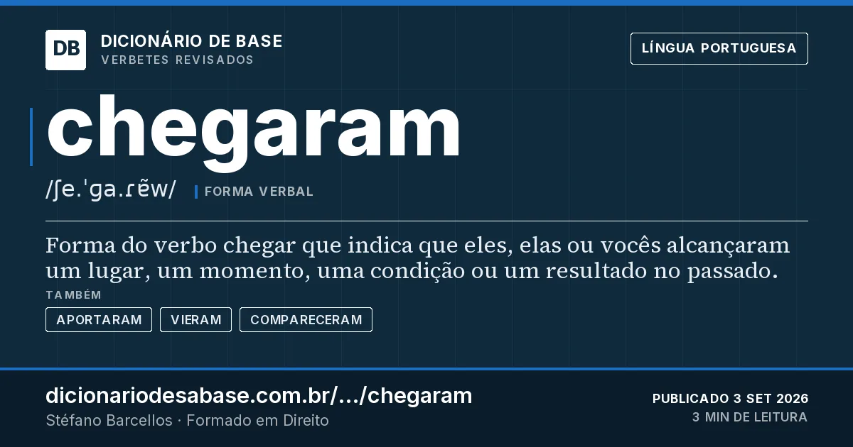 Cartão do verbete chegaram: Forma do verbo chegar que indica que eles, elas ou vocês alcançaram um lugar, um momento, uma condição ou um resultado…