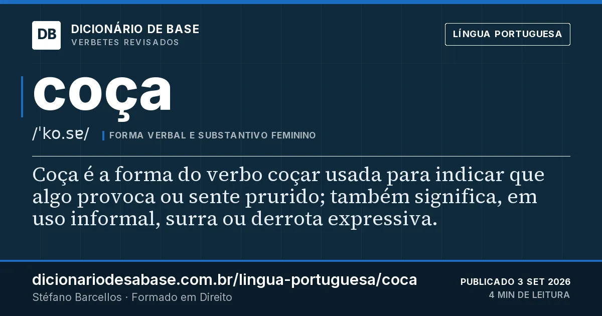 Cartão do verbete coça: Coça é a forma do verbo coçar usada para indicar que algo provoca ou sente prurido; também significa, em uso informal…