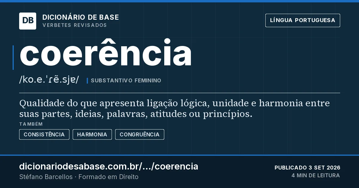 Cartão do verbete coerência: Qualidade do que apresenta ligação lógica, unidade e harmonia entre suas partes, ideias, palavras, atitudes ou…