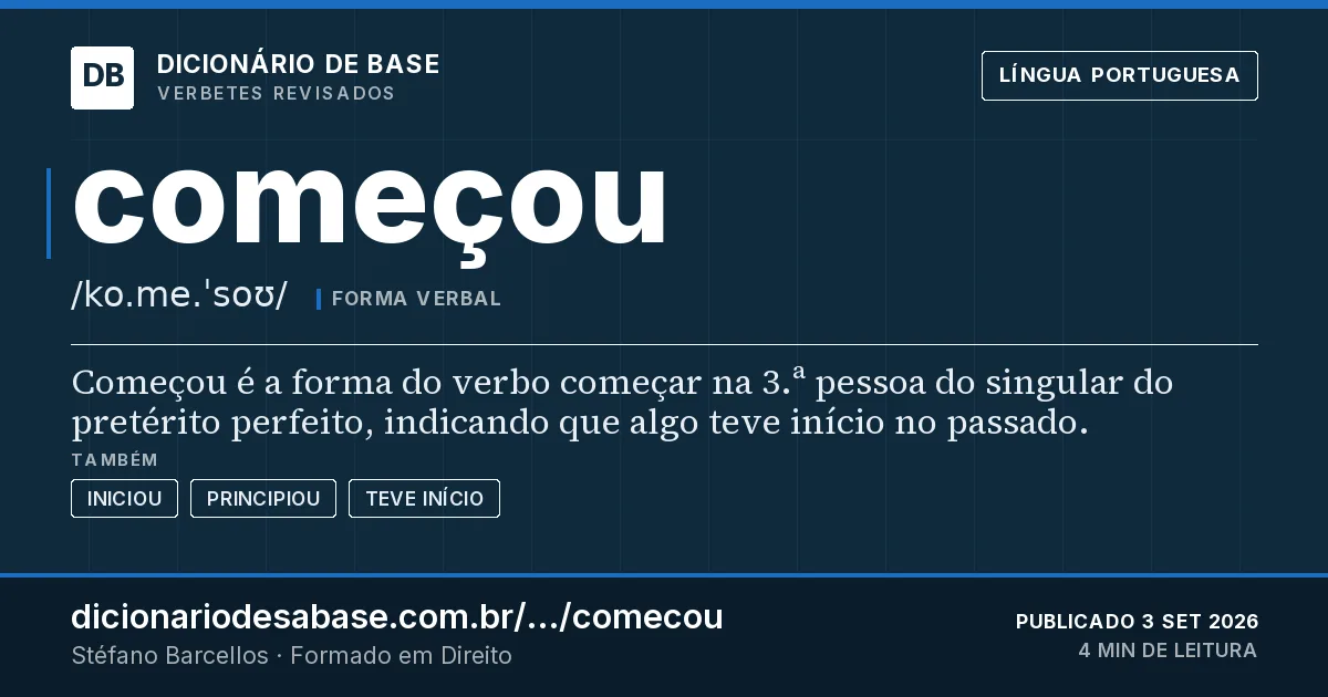 Cartão do verbete começou: Começou é a forma do verbo começar na 3.ª pessoa do singular do pretérito perfeito, indicando que algo teve início no…