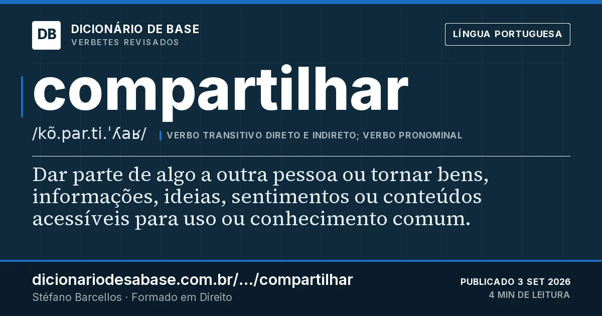 Cartão do verbete compartilhar: Dar parte de algo a outra pessoa ou tornar bens, informações, ideias, sentimentos ou conteúdos acessíveis para uso ou…