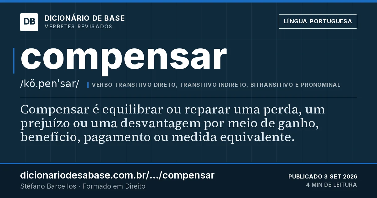 Cartão do verbete compensar: Compensar é equilibrar ou reparar uma perda, um prejuízo ou uma desvantagem por meio de ganho, benefício, pagamento ou…