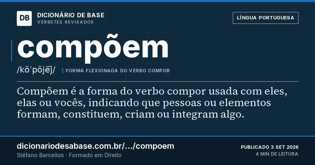 Cartão do verbete compõem: Compõem é a forma do verbo compor usada com eles, elas ou vocês, indicando que pessoas ou elementos formam, constituem…