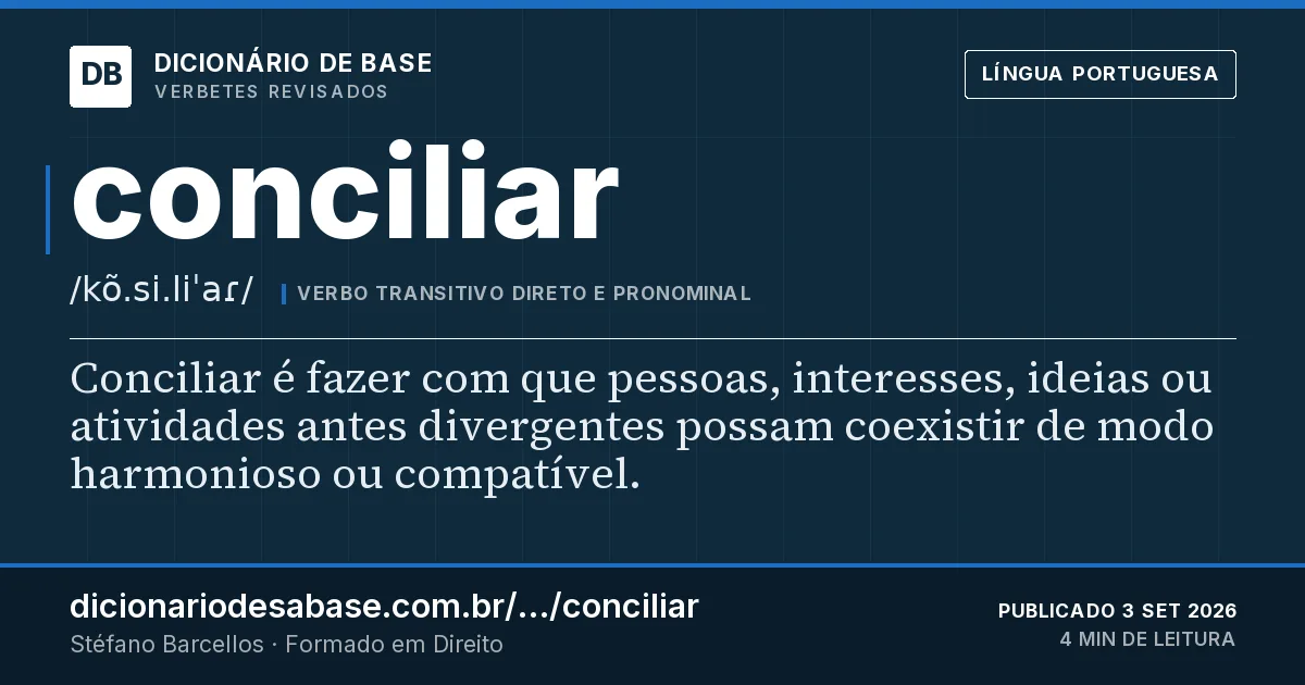 Cartão do verbete conciliar: Conciliar é fazer com que pessoas, interesses, ideias ou atividades antes divergentes possam coexistir de modo…