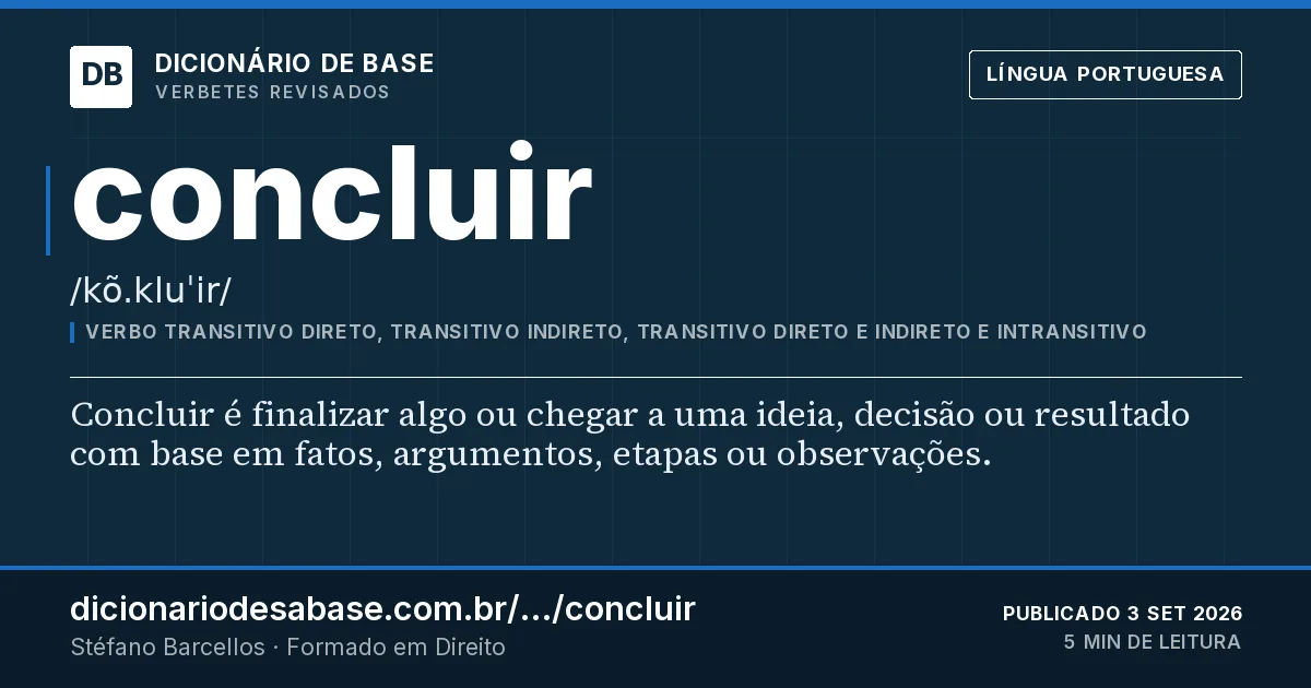 Cartão do verbete concluir: Concluir é finalizar algo ou chegar a uma ideia, decisão ou resultado com base em fatos, argumentos, etapas ou…