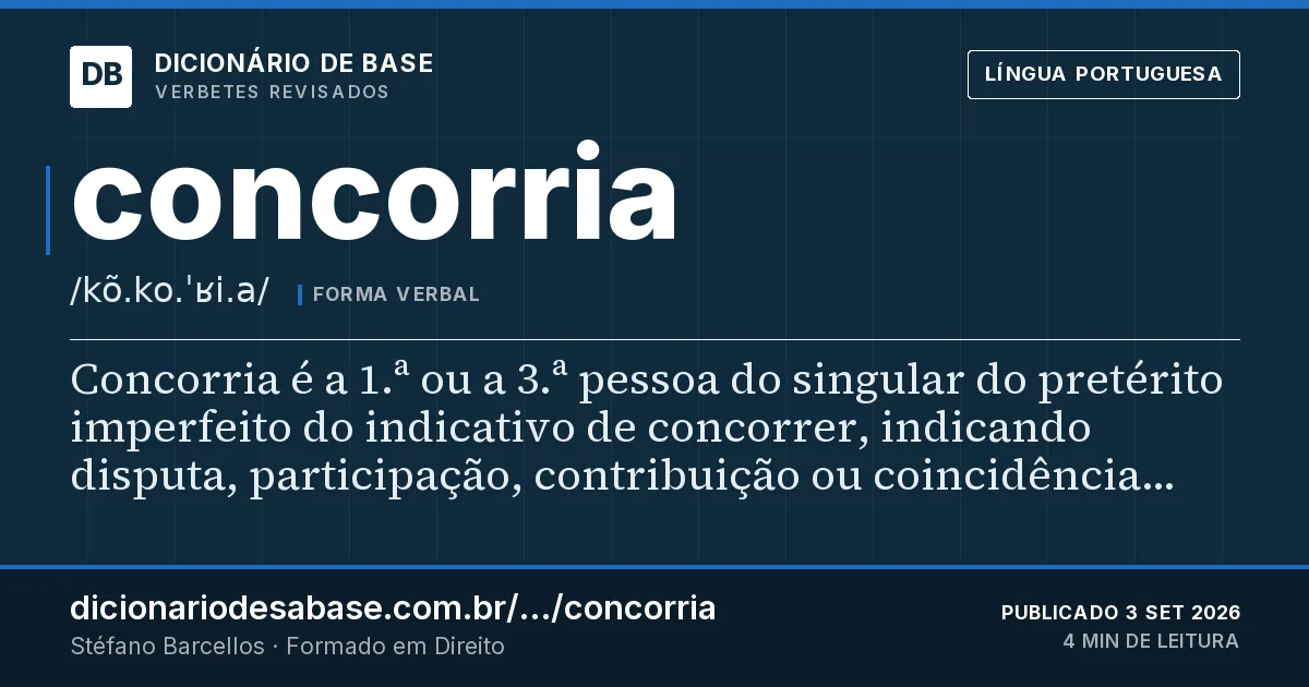 Cartão do verbete concorria: Concorria é a 1.ª ou a 3.ª pessoa do singular do pretérito imperfeito do indicativo de concorrer, indicando disputa…