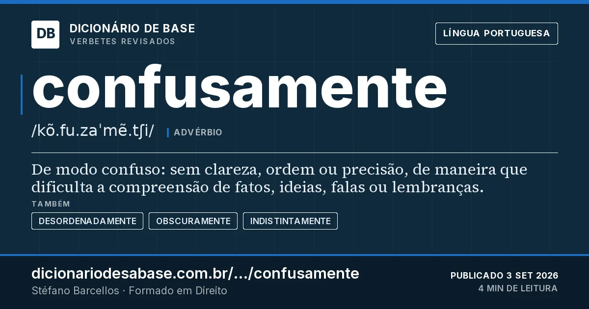 Cartão do verbete confusamente: De modo confuso: sem clareza, ordem ou precisão, de maneira que dificulta a compreensão de fatos, ideias, falas ou…