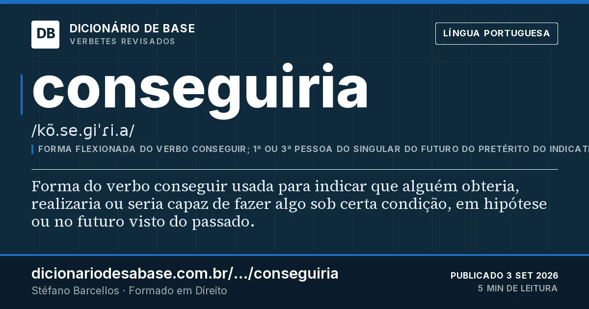Cartão do verbete conseguiria: Forma do verbo conseguir usada para indicar que alguém obteria, realizaria ou seria capaz de fazer algo sob certa…