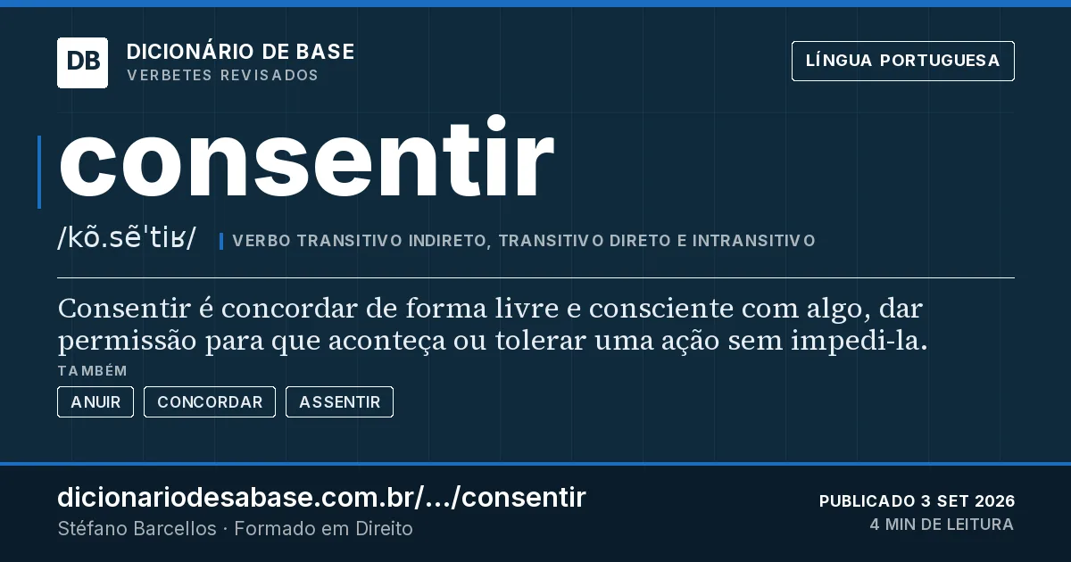 Cartão do verbete consentir: Consentir é concordar de forma livre e consciente com algo, dar permissão para que aconteça ou tolerar uma ação sem…