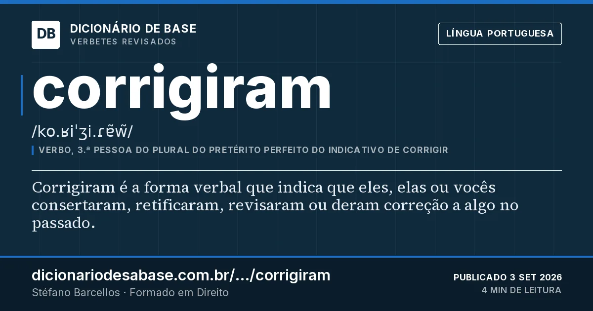 Cartão do verbete corrigiram: Corrigiram é a forma verbal que indica que eles, elas ou vocês consertaram, retificaram, revisaram ou deram correção a…
