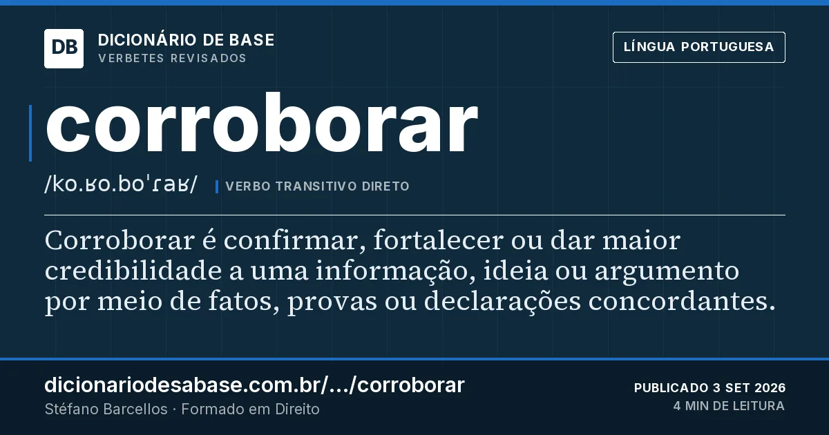 Cartão do verbete corroborar: Corroborar é confirmar, fortalecer ou dar maior credibilidade a uma informação, ideia ou argumento por meio de fatos…