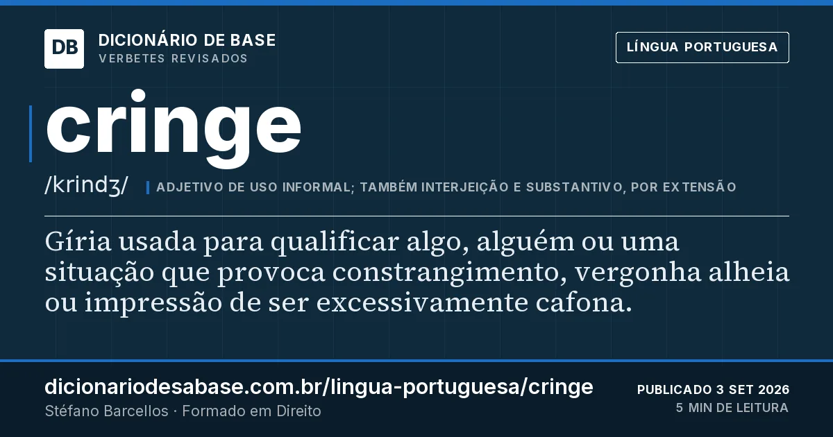 Cartão do verbete cringe: Gíria usada para qualificar algo, alguém ou uma situação que provoca constrangimento, vergonha alheia ou impressão de…