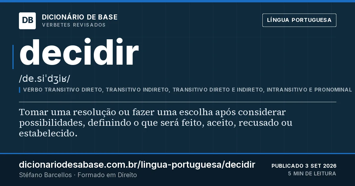 Cartão do verbete decidir: Tomar uma resolução ou fazer uma escolha após considerar possibilidades, definindo o que será feito, aceito, recusado…