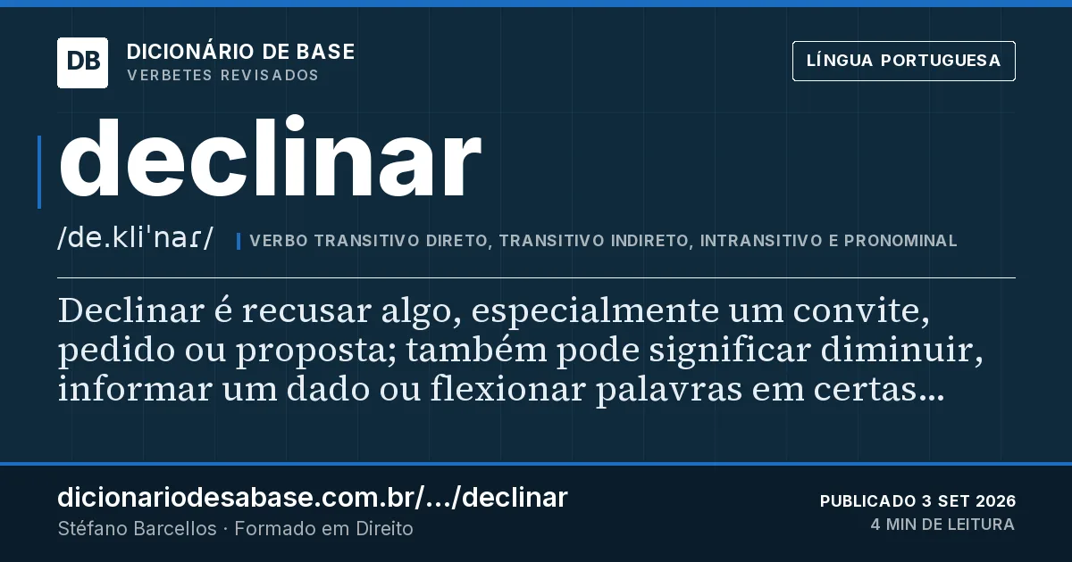 Cartão do verbete declinar: Declinar é recusar algo, especialmente um convite, pedido ou proposta; também pode significar diminuir, informar um…