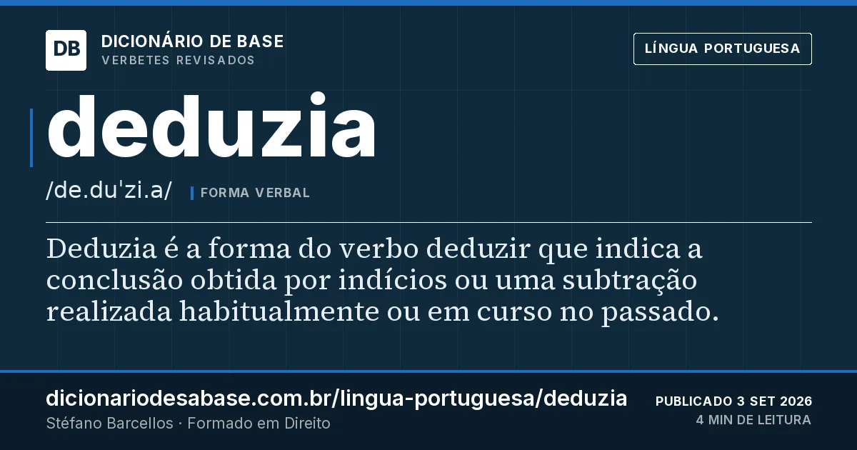 Cartão do verbete deduzia: Deduzia é a forma do verbo deduzir que indica a conclusão obtida por indícios ou uma subtração realizada habitualmente…