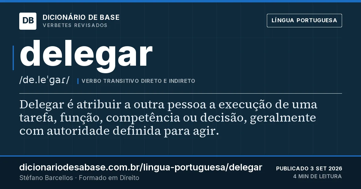 Cartão do verbete delegar: Delegar é atribuir a outra pessoa a execução de uma tarefa, função, competência ou decisão, geralmente com autoridade…