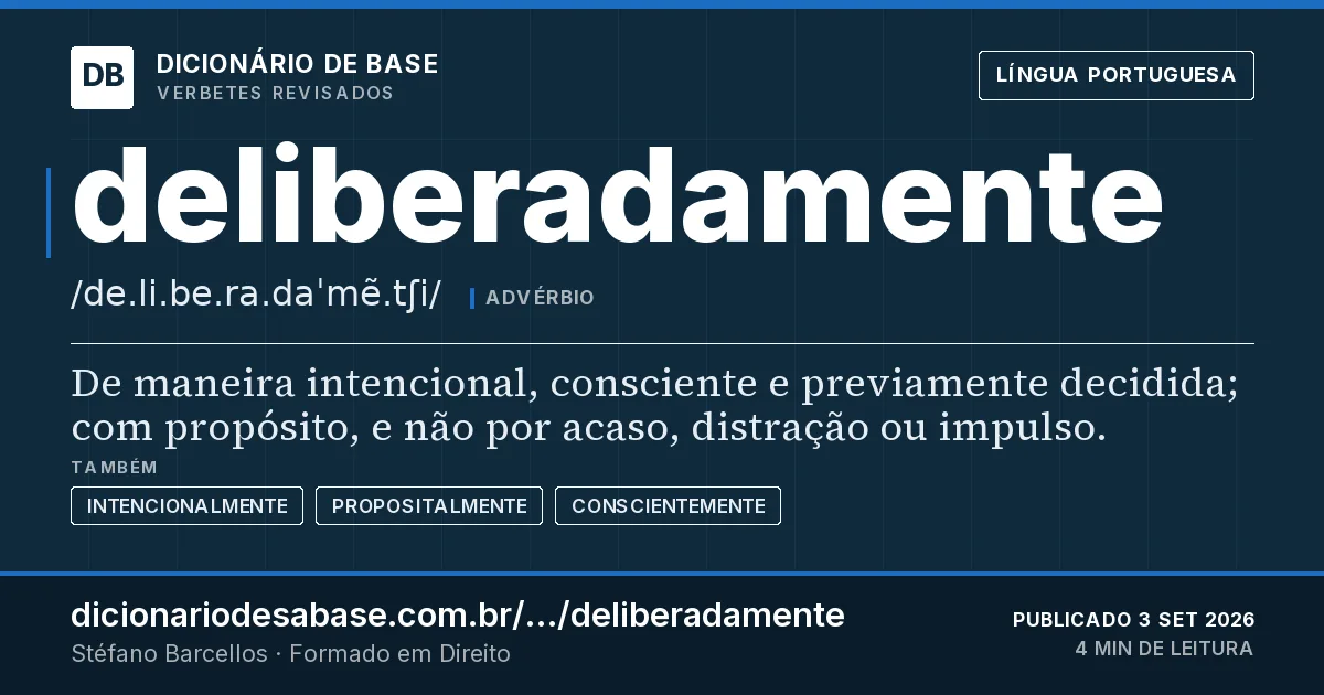 Cartão do verbete deliberadamente: De maneira intencional, consciente e previamente decidida; com propósito, e não por acaso, distração ou impulso.
