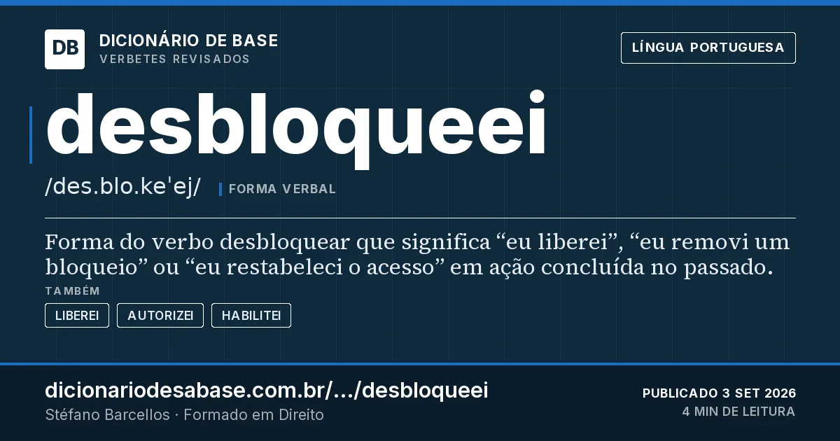 Cartão do verbete desbloqueei: Forma do verbo desbloquear que significa “eu liberei”, “eu removi um bloqueio” ou “eu restabeleci o acesso” em ação…