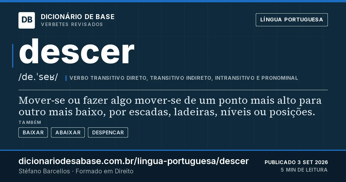Cartão do verbete descer: Mover-se ou fazer algo mover-se de um ponto mais alto para outro mais baixo, por escadas, ladeiras, níveis ou posições.