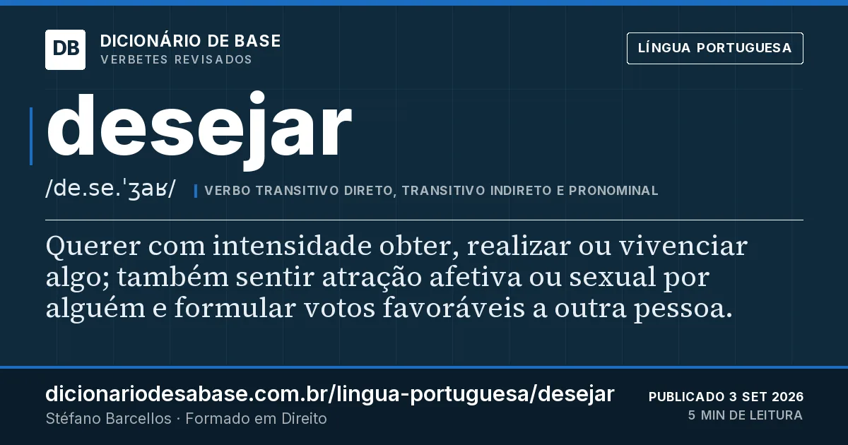 Cartão do verbete desejar: Querer com intensidade obter, realizar ou vivenciar algo; também sentir atração afetiva ou sexual por alguém e formular…