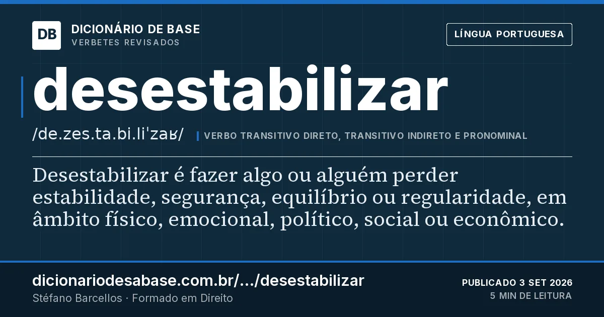 Cartão do verbete desestabilizar: Desestabilizar é fazer algo ou alguém perder estabilidade, segurança, equilíbrio ou regularidade, em âmbito físico…