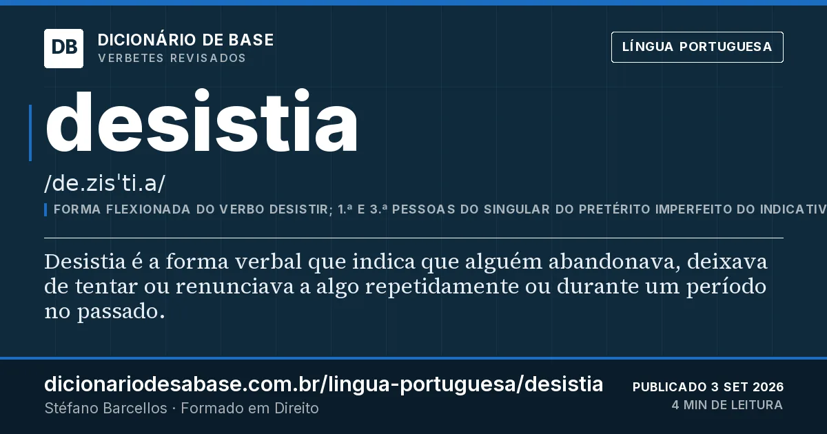 Cartão do verbete desistia: Desistia é a forma verbal que indica que alguém abandonava, deixava de tentar ou renunciava a algo repetidamente ou…