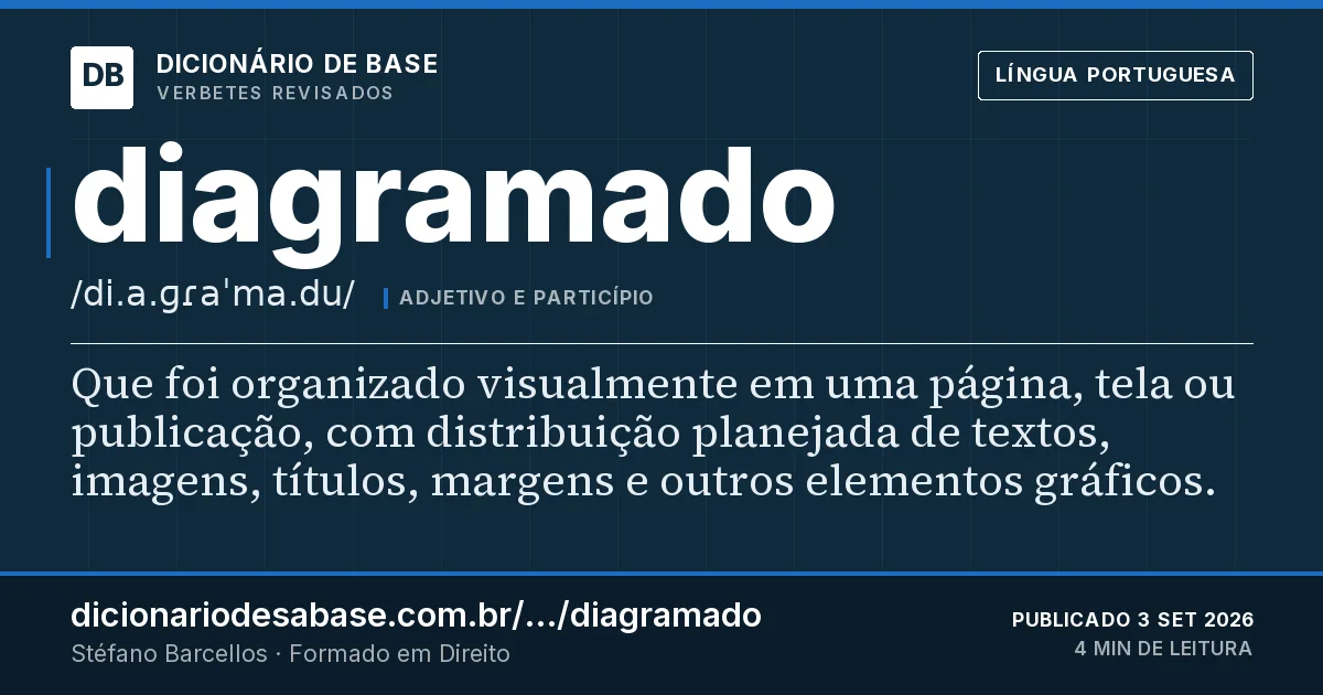 Cartão do verbete diagramado: Que foi organizado visualmente em uma página, tela ou publicação, com distribuição planejada de textos, imagens…